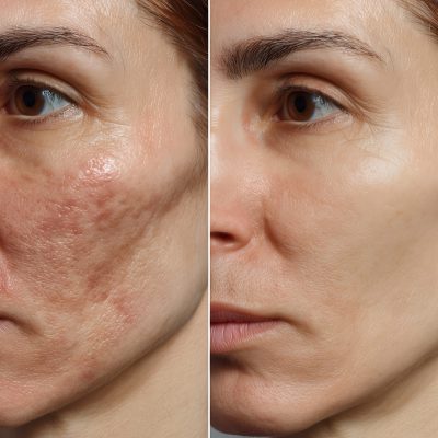 A closeup, split image of a woman's face shows significant improvement in acne scars after undergoing a laser skin resurfacing treatment.